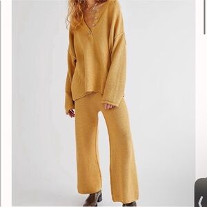 Free People Mustard Wide Leg Knit Pants & Sweater Set